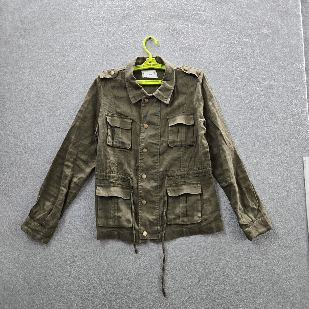 DENIM ROCK Women Jacket L Olive Green Linen Utility Button Military